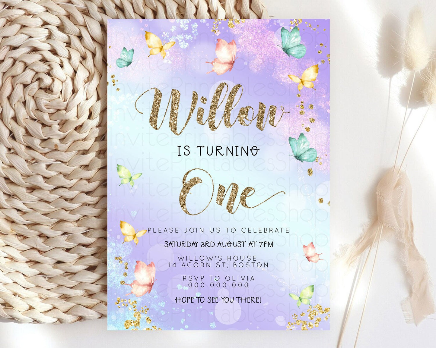 Pastel Butterfly Birthday Invitation Butterfly Birthday Invitation Colorful Splash Glitter Butterfly Garden 1st 2nd Birthday D23082