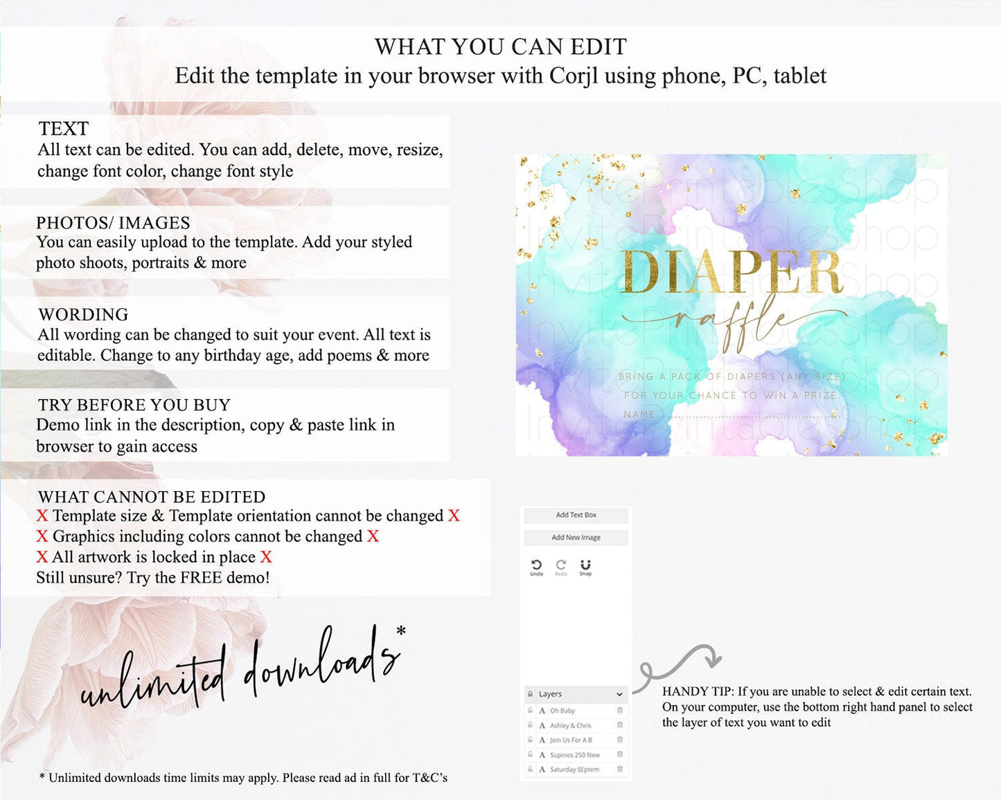 Pastel Diaper Raffle Card Pastel Rainbow Diaper Raffle Insert Colorful Ombre Watercolor Diaper Ticket Confetti Glitter Raffle Game D10212