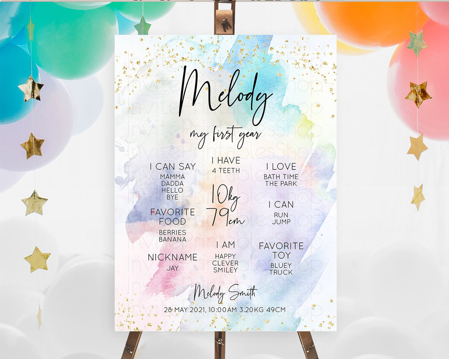 Pastel First Birthday Milestone Board Pastel Rainbow Milestone Poster Colorful Confetti Watercolor Glitter 1st Birthday Welcome Sign D10424