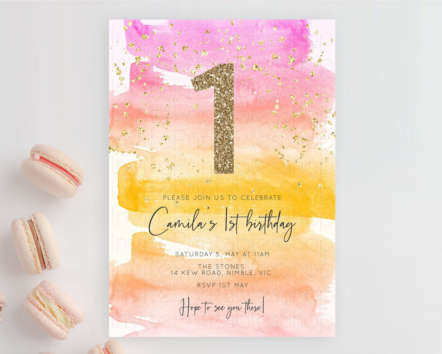 Rainbow Birthday Invitation Colorful Pastel Watercolor Invitation Gold Glitter Sprinkles Ombre Pastel 1st 2nd 3rd Birthday D10520