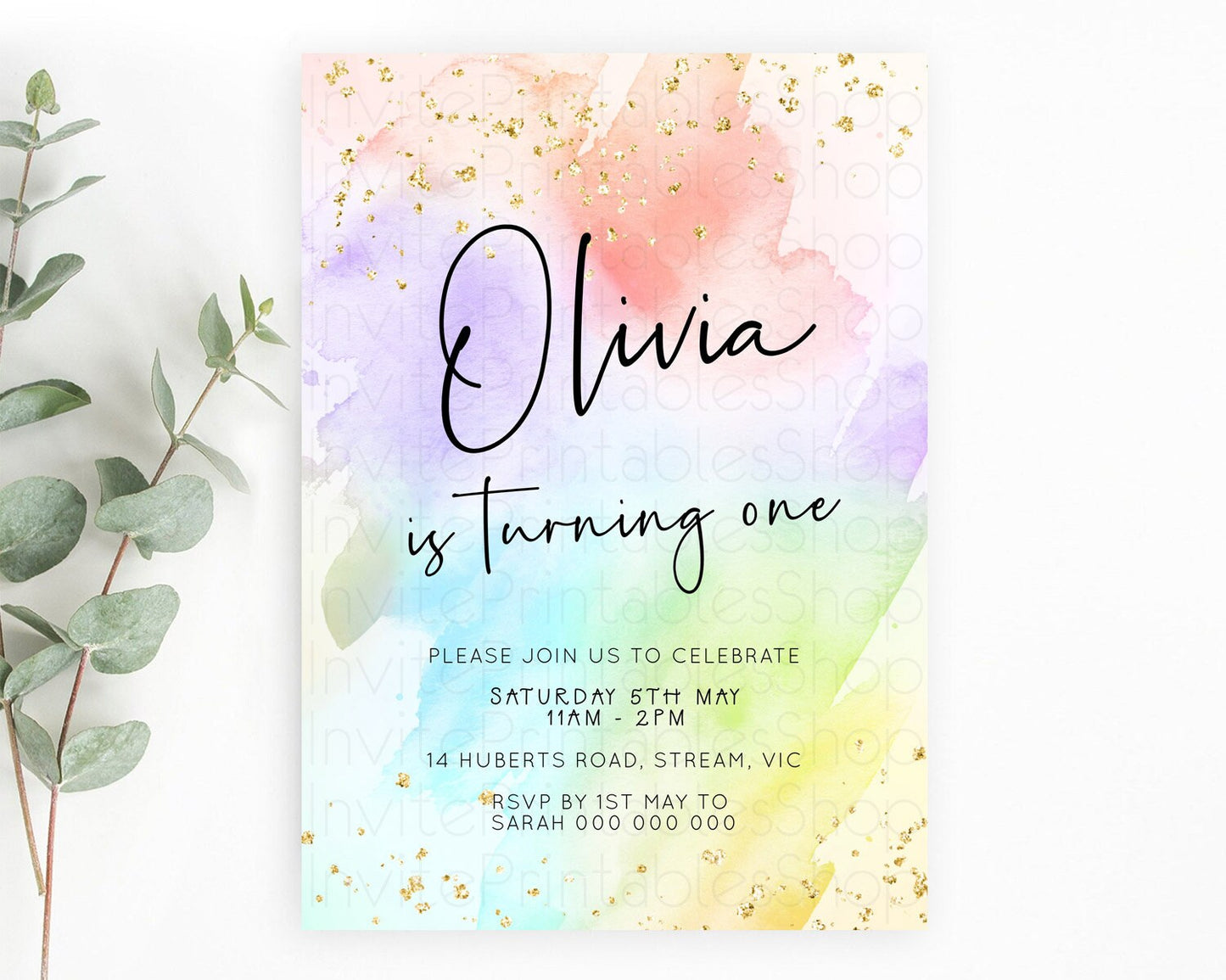 Pastel Birthday Invitation Ombre Watercolor Birthday Invitation Glitter Rainbow Color Splash 1st 2nd 3rd Birthday Invitation D23071