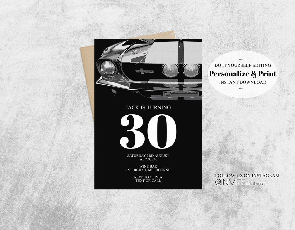 Car Mustang Birthday Invitation, Ford Mustang Invitation, Mustang Invite, Ford Birthday Invitation, Black, Mustang, Ford Black Grey