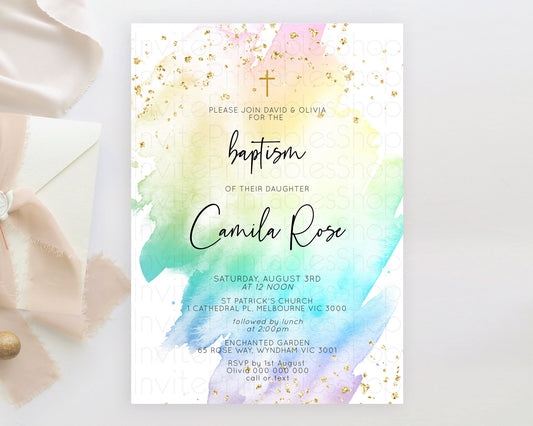 Pastel Baptism Invitation Pastel Colors Watercolor Baptism 1st Birthday Party Gold Ombre Pastel Rainbow Christening Holy Communion D10256