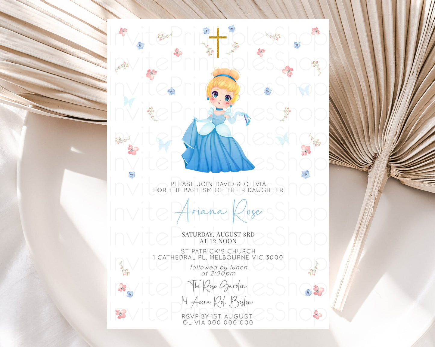 Princess Baptism Invitation Enchanted Castle Baptism 1st Birthday Invitation Royal Party Pastel Floral Secret Garden Christening D10354