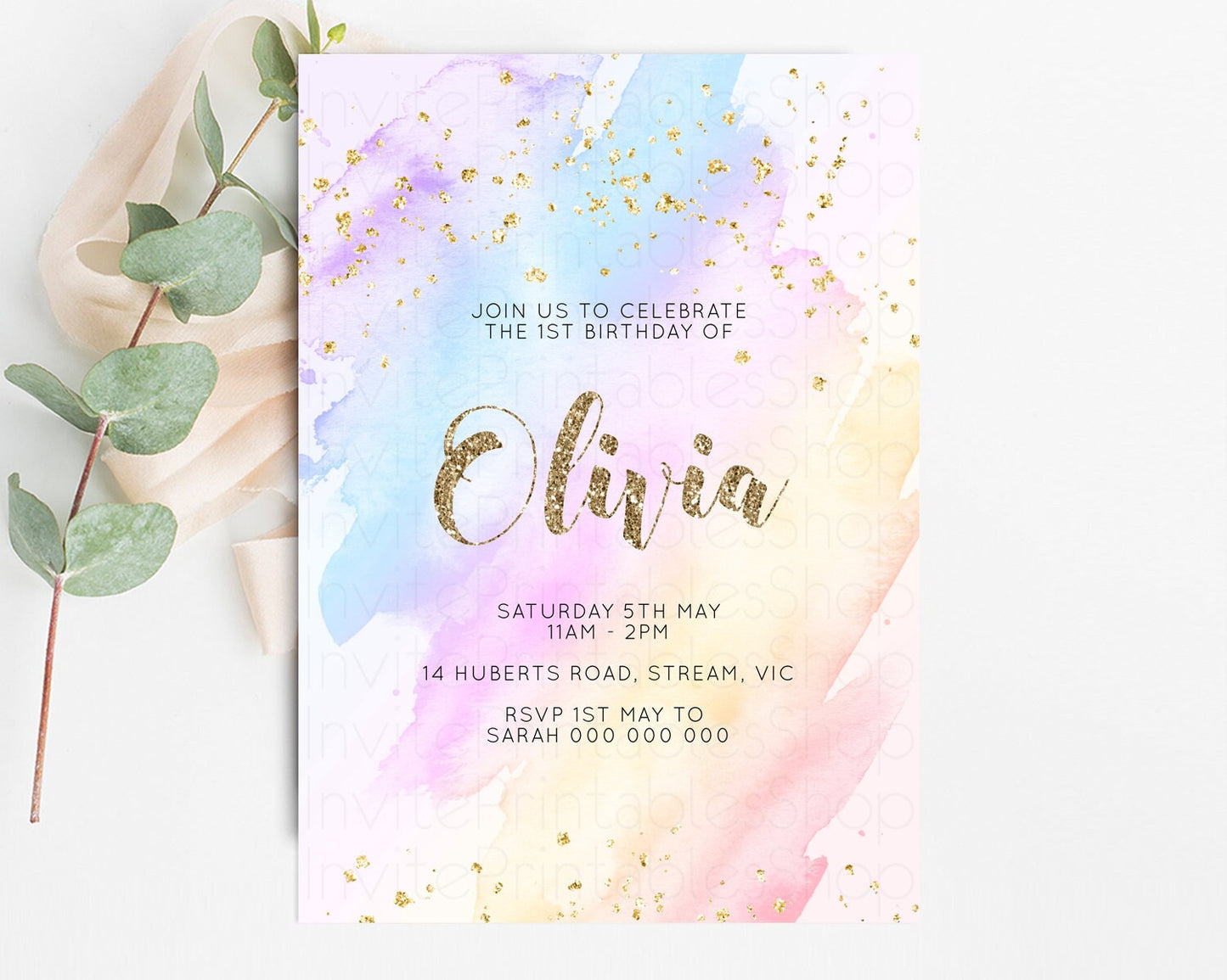 Rainbow Birthday Invitation Glitter Pastel Invitation Colorful Watercolor Gold Foil Splatter Sprinkle Ombre 1st 2nd 3rd Birthday Invite g600