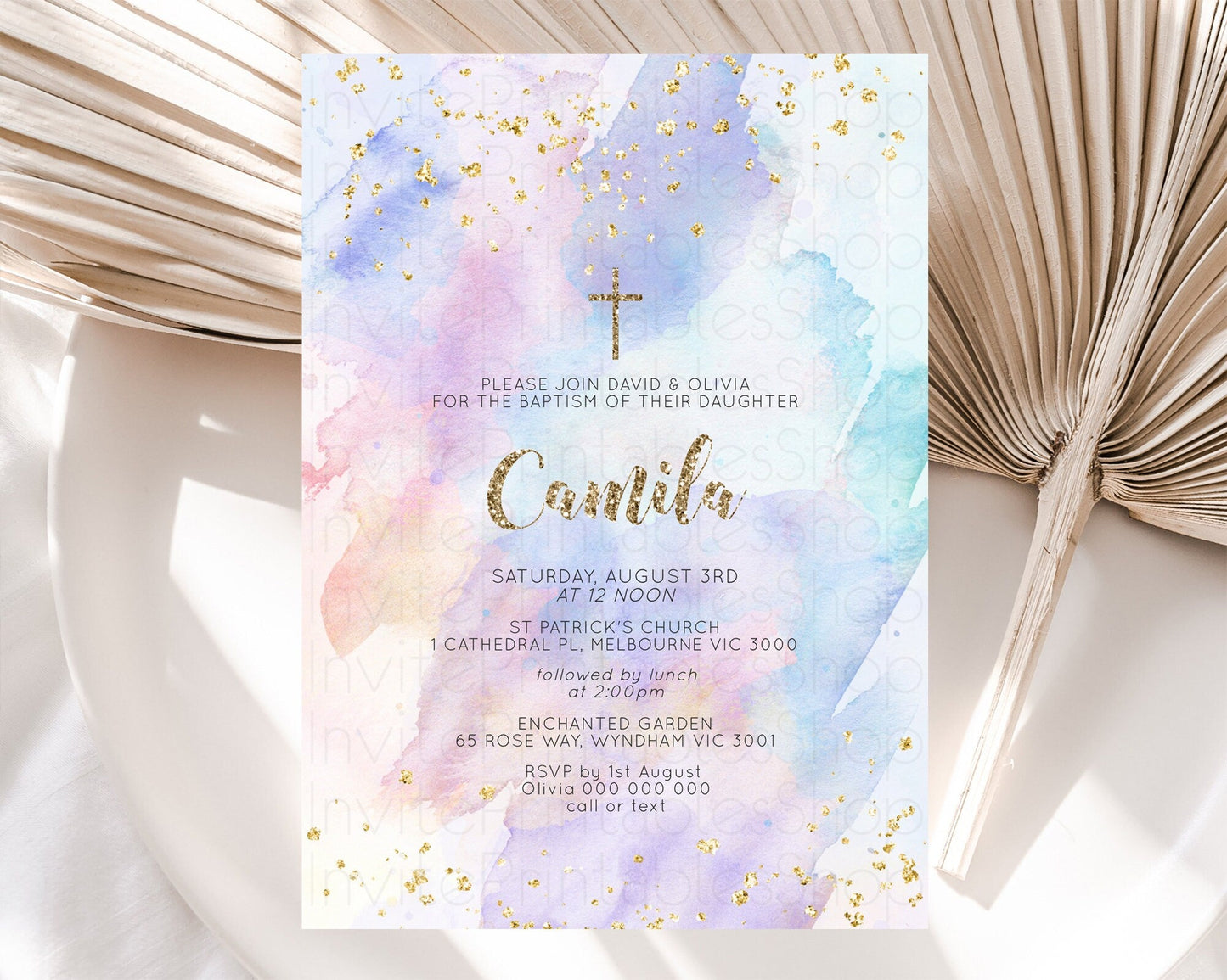 Pastel Baptism Invitation Pastel Colors Watercolor Baptism 1st Birthday Party Gold Ombre Pastel Rainbow Christening Holy Communion D10583