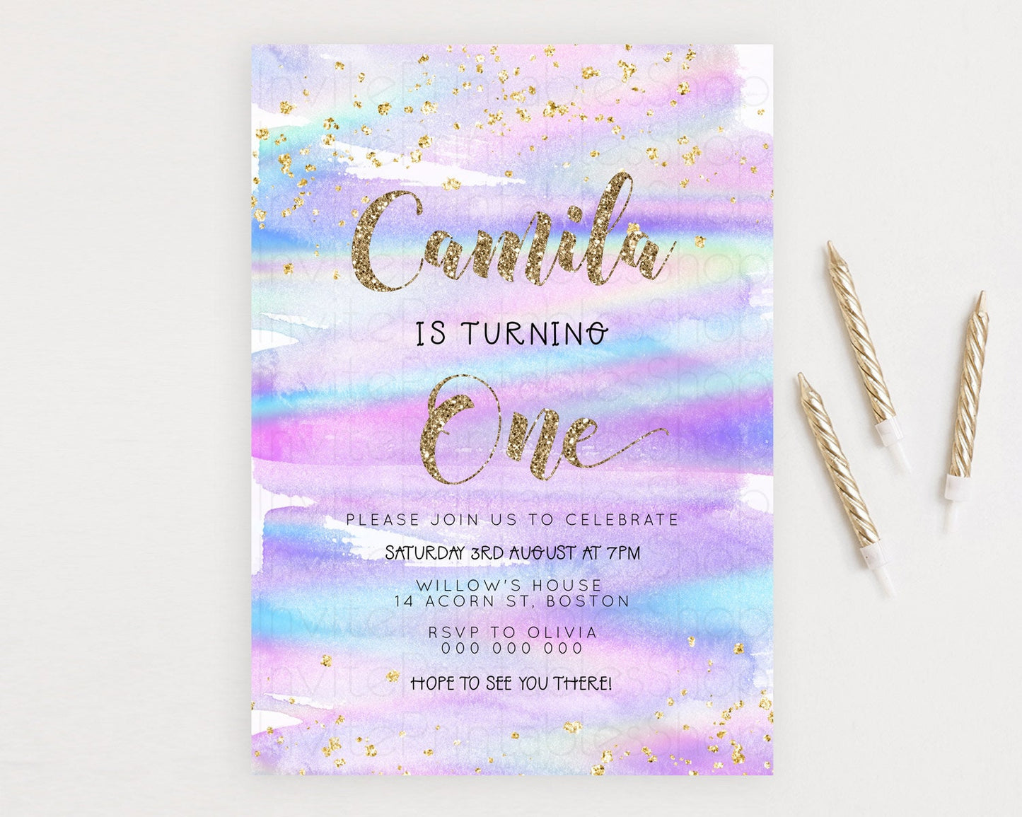Rainbow Birthday Invitation Colorful Pastel Watercolor Invitation Gold Glitter Sprinkles Ombre Pastel 1st 2nd 3rd Birthday D23262