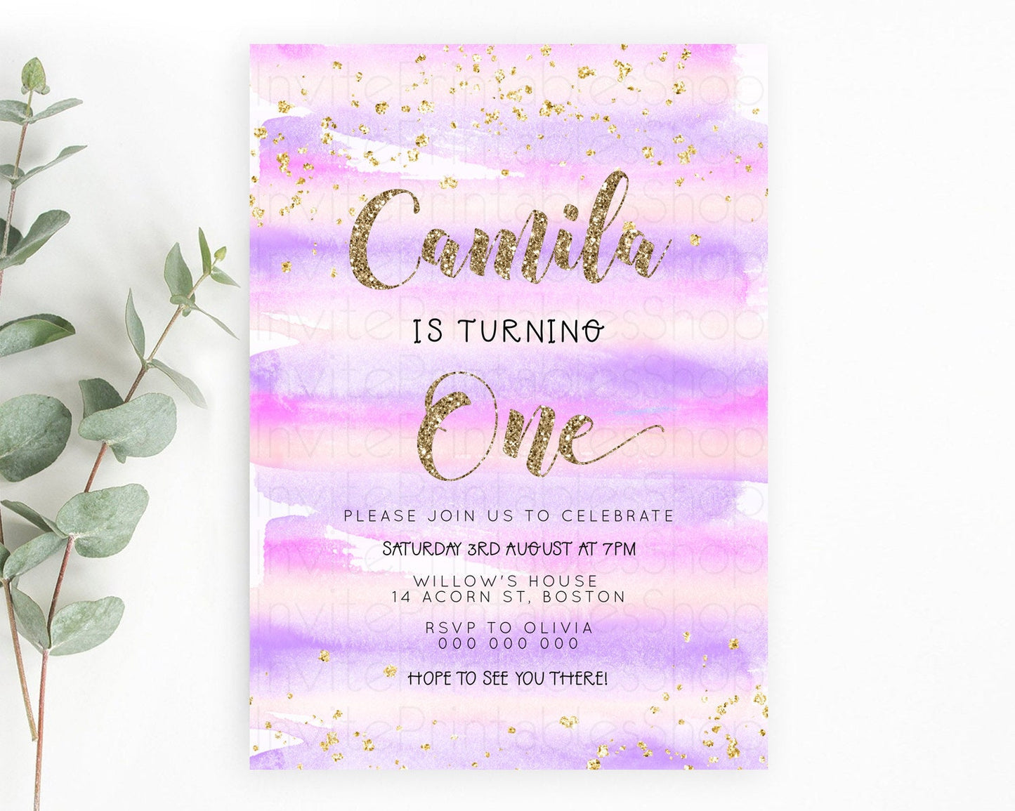 Pink Birthday Invitation pink Watercolor Invitation Pastel pink Watercolor Invitation pink Splash Gold Invitation 1st First Birthday D23266