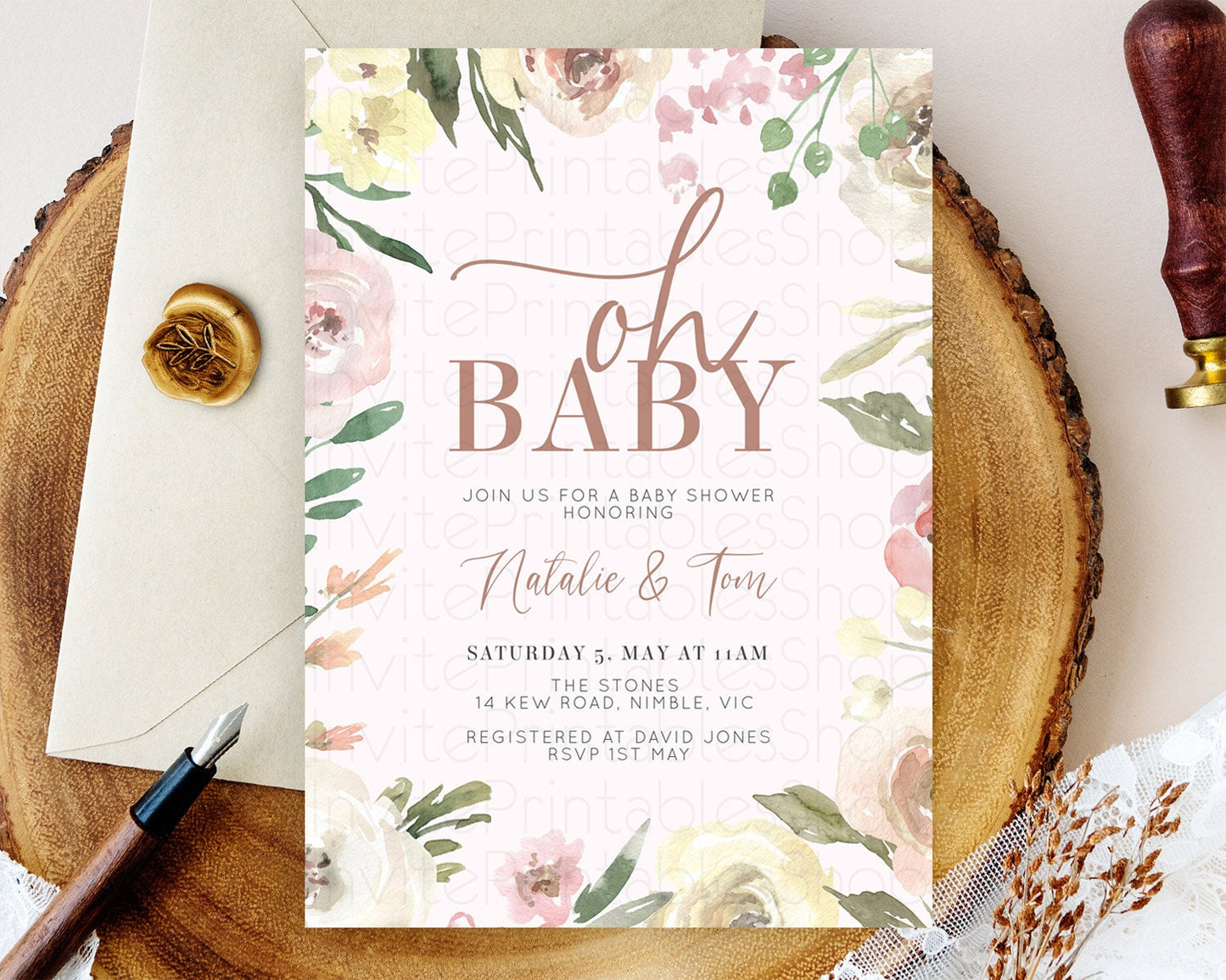 Wildflower Baby Shower Invitation, Enchanted Secret Garden Theme with Soft Pink, Green, and Yellow Flowers, Oh Baby Floral Invitation D10192