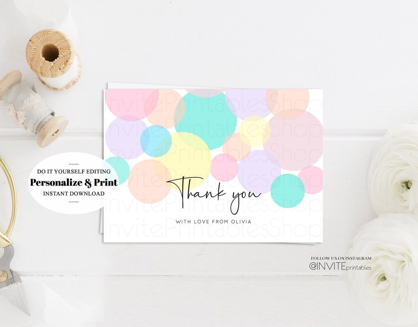 Pastel Rainbow Watercolor Thank You Card Colorful Paint Custom Message Kids Birthday Baby Shower Guest Gift Flat Postcard Printable Template