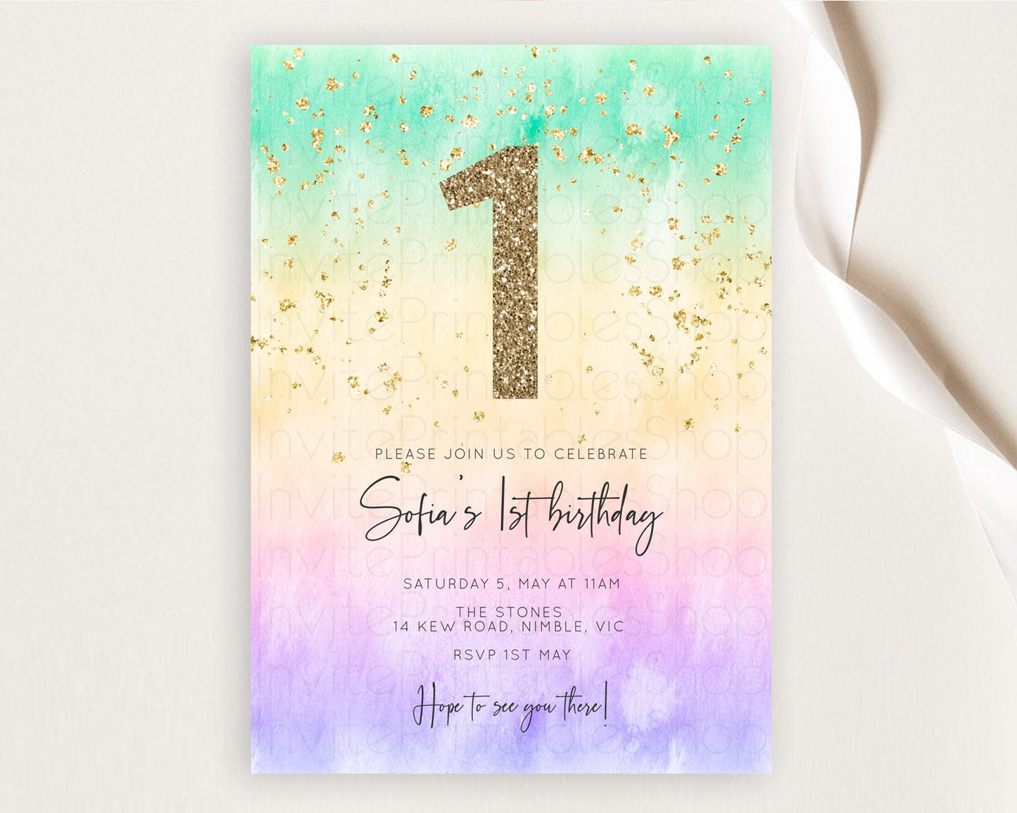 Rainbow Birthday Invitation Colorful Pastel Watercolor Invitation Gold Glitter Sprinkles Ombre Pastel 1st 2nd 3rd Birthday D10485