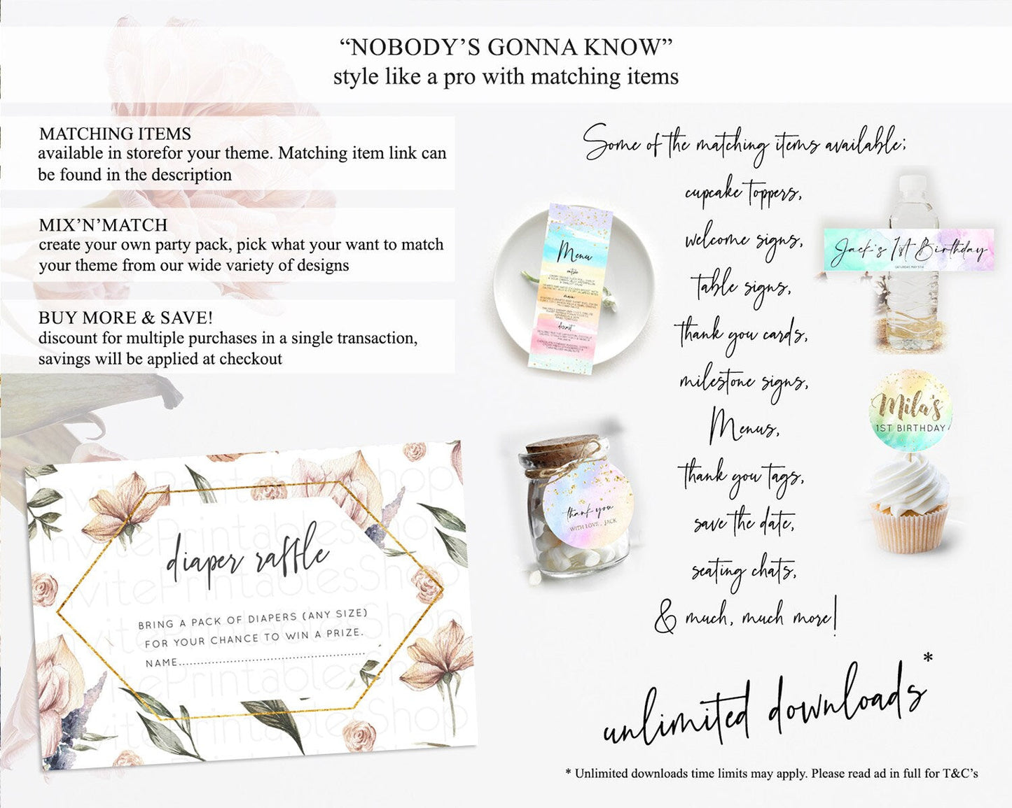 Secret Garden Diaper Raffle Card Boho Wildflower Diaper Raffle Insert Pastel Flower Garden Baby Shower Card Flower Raffle Game D10504