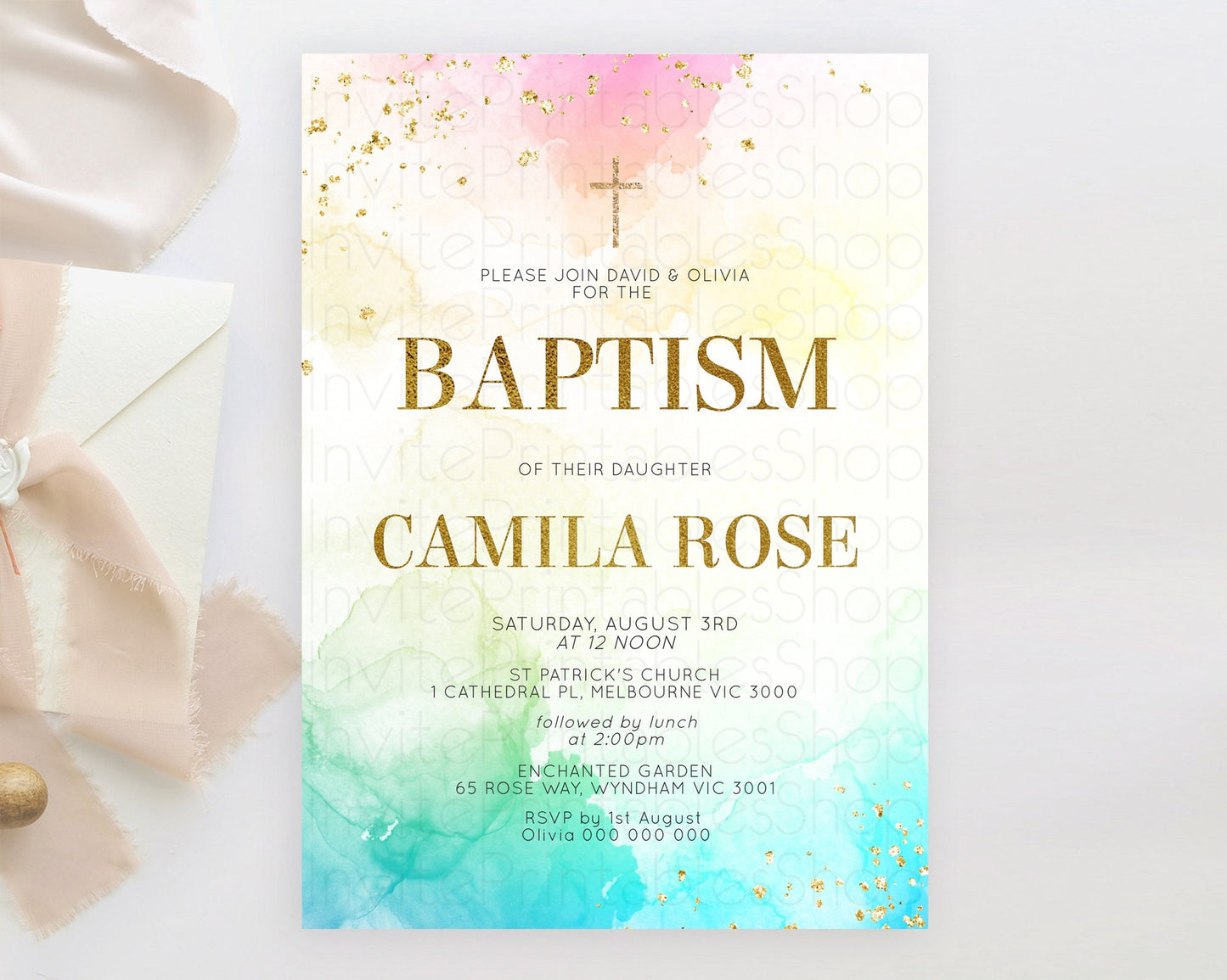 Pastel Baptism Invitation Pastel Colors Watercolor Baptism 1st Birthday Party Gold Ombre Pastel Rainbow Christening Holy Communion D10770