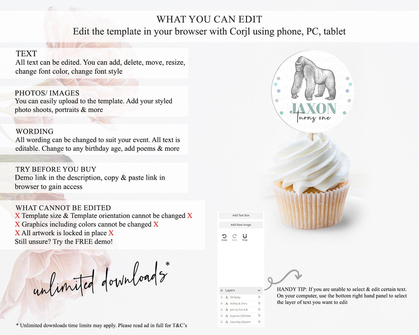 Gorilla Cupcake Toppers Jungle Gorilla Cupcake Gorilla Party Decor Gorilla Jungle Adventure Zoo Green Palm Leaf Fern First Birthday D10854