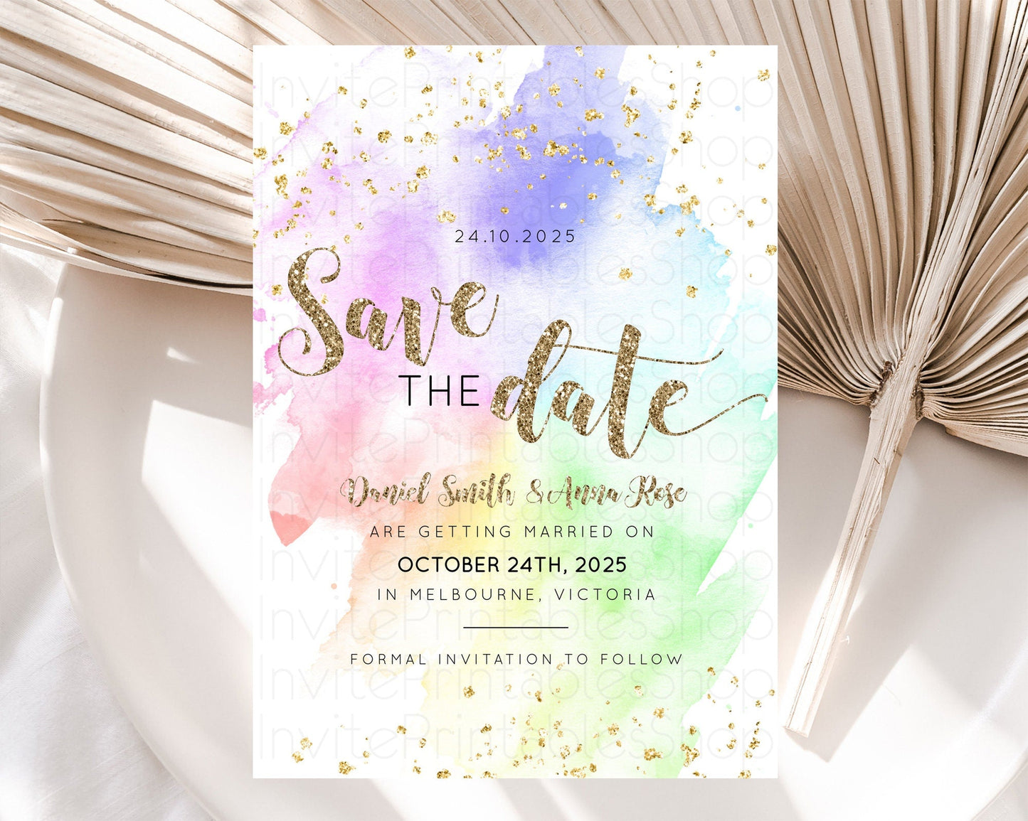 Pastel Save The Date Template Pastel Ombre Rainbow Watercolor Colorful Party For Birthday Baptism Baby Shower Wedding Bridal Shower D10319