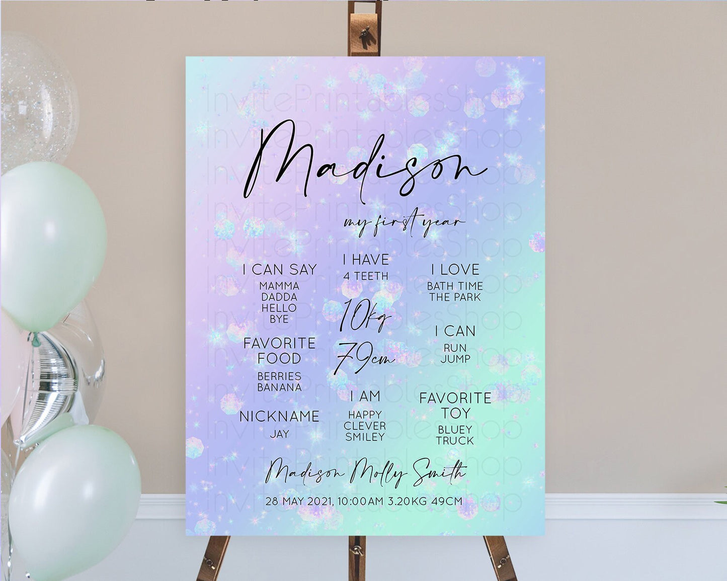 Rainbow First Birthday Milestone Poster Colorful Pastel Watercolor Iridescent Sprinkles Ombre Pastel Milestone Board First Birthday D10663