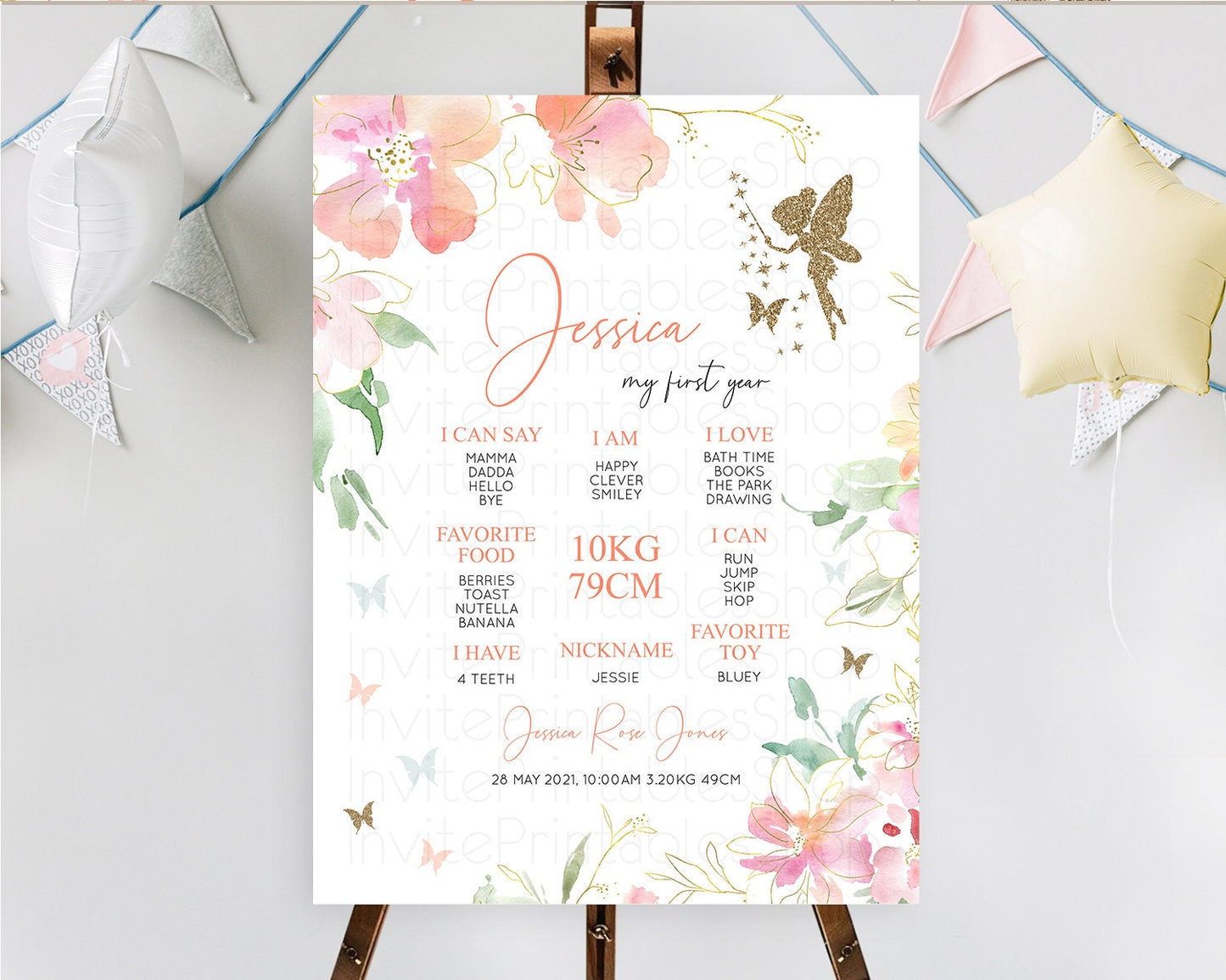 Fairy First Birthday Milestone Poster Fairy Secret Garden Milestone Board Enchanted Garden Pastel Floral Butterfly 1st Birthday Sign D10934