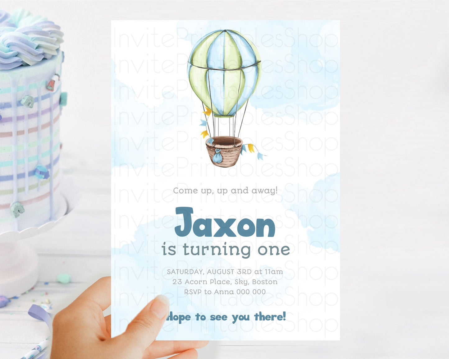 Hot Air Balloon Birthday Invitation Hot Air Balloon Invites Adventure Awaits Up Up & Away Glitter Blue Watercolor 1st Birthday Boy D10661