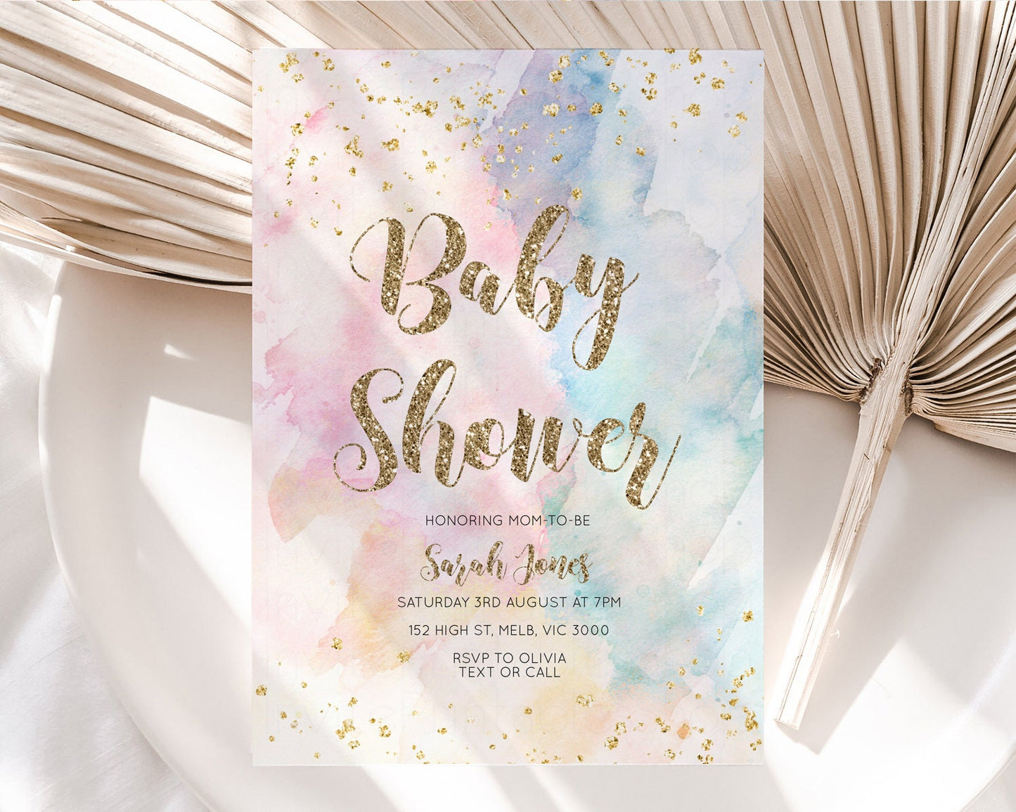 Rainbow Baby Shower Invitation Pastel Baby Shower Invitation Watercolor Ombre Invitation Rainbow Pastel Colors Invite Glitter Confetti 276