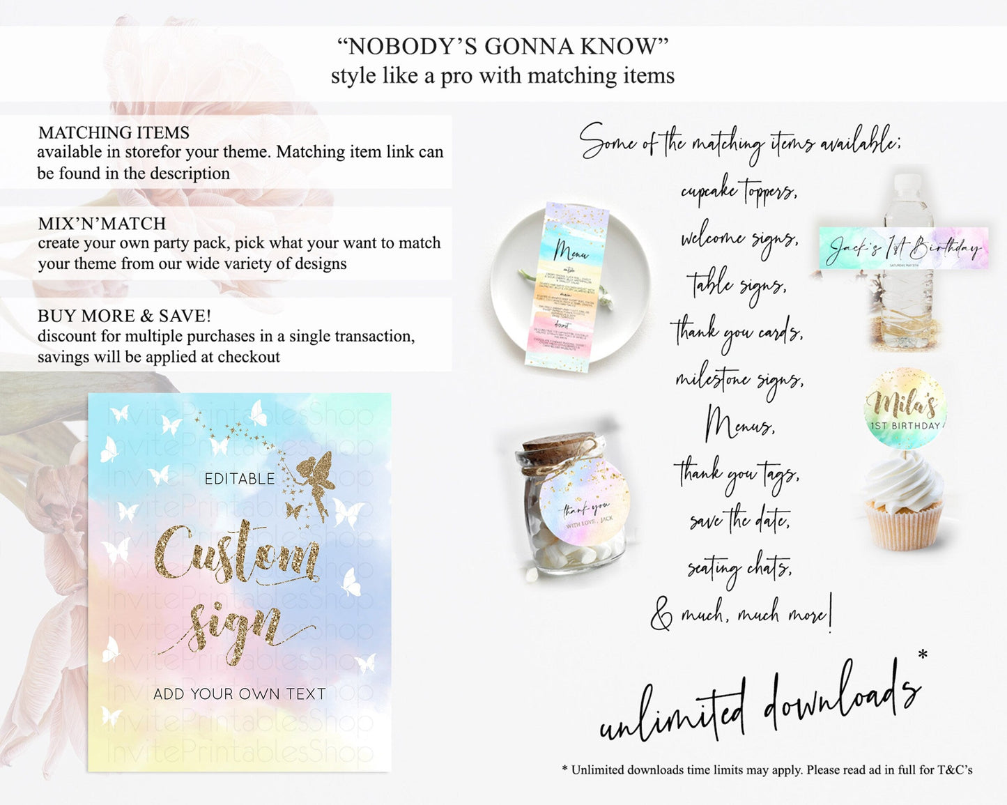 Fairy Sign Enchanted Garden Table Sign Decor Pastel Floral Butterfly Party Secret Garden Birthday Baptism Baby Shower Bridal Shower D10894