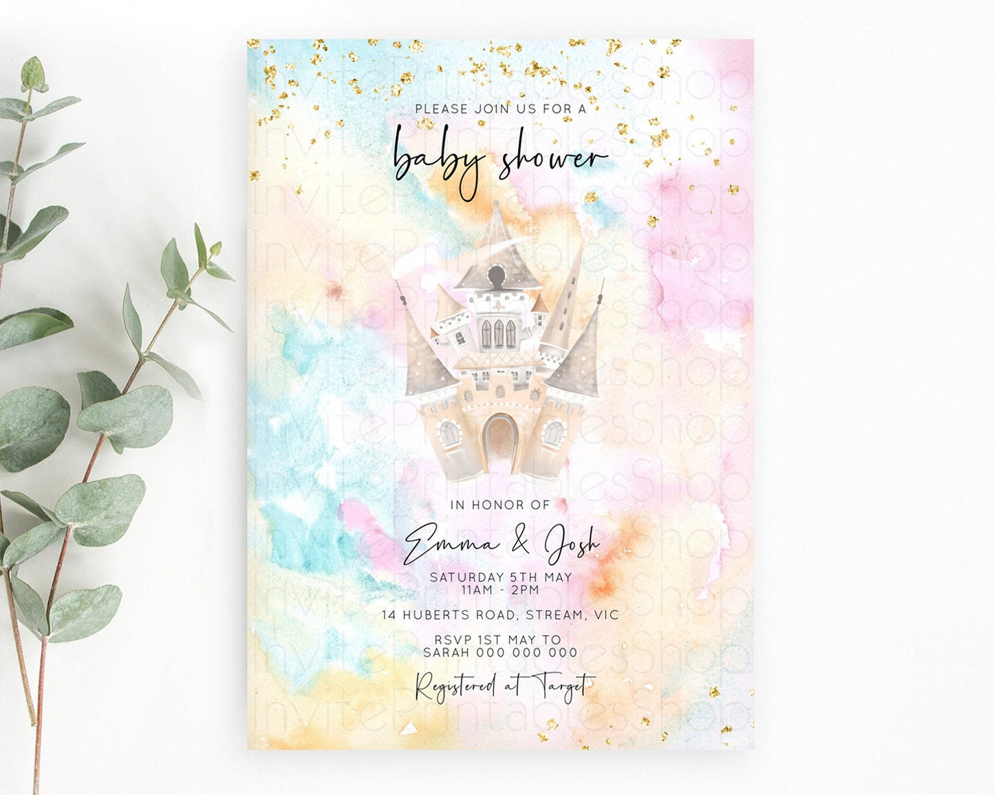 Princess Baby Shower Princess Invitation Pastel Watercolor Invitation Royal Baby Invitation Rainbow Colorful Enchanted Castle D11029