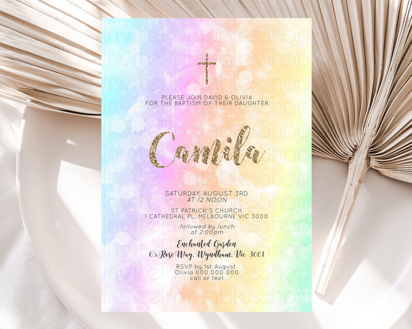 Pastel Baptism Invitation Pastel Colors Watercolor Baptism 1st Birthday Party Gold Ombre Pastel Rainbow Christening Holy Communion D10648