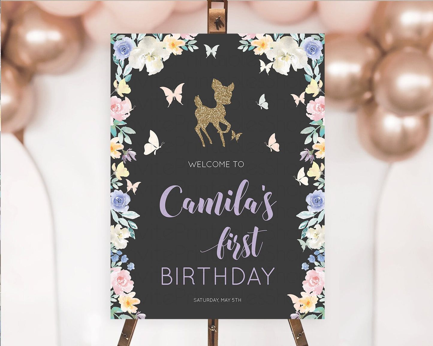 Fawn Welcome Sign Deer Welcome Board Floral Deer Welcome Poster Enchanted Forest Butterfly Pastel Floral First Birthday Welcome Sign D10880