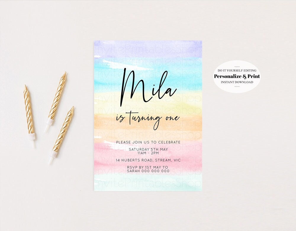 Editable Rainbow Birthday Invitation Pastel Birthday Invitation Colorful Wat