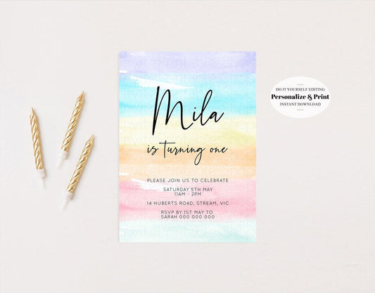 Editable Rainbow Birthday Invitation Pastel Birthday Invitation Colorful Wat