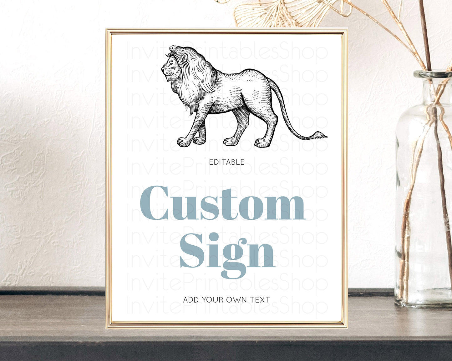 Editable Lion Table Sign Decor Lion Safari Adventure Party Dried Palm Ferns