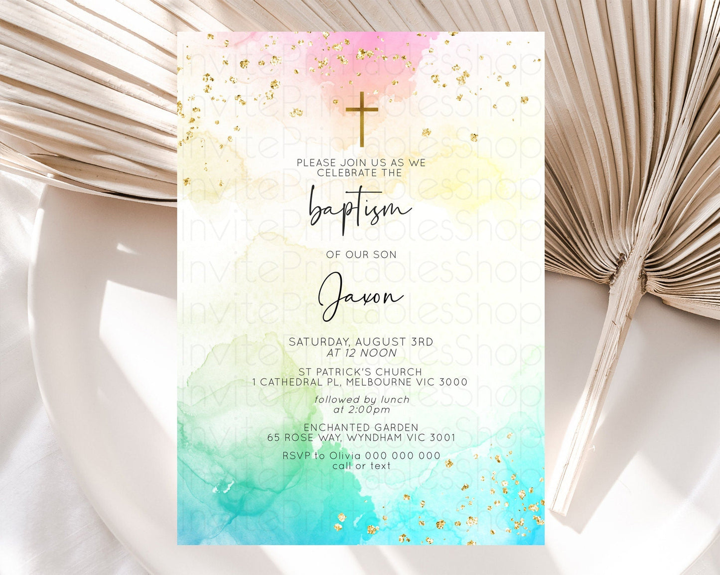 Pastel Baptism Invitation Pastel Colors Watercolor Baptism 1st Birthday Party Gold Ombre Pastel Rainbow Christening Holy Communion D10151