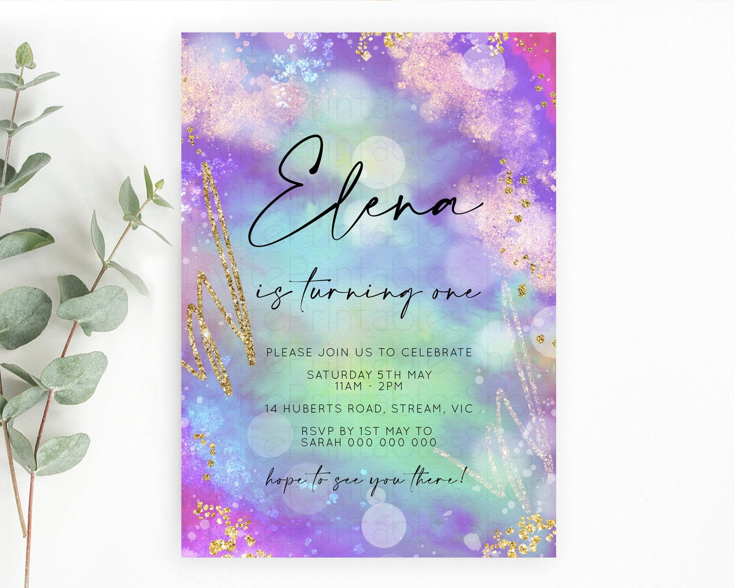 Rainbow Birthday Invitation Colorful Pastel Watercolor Invitation Gold Glitter Sprinkles Ombre Pastel 1st 2nd 3rd Birthday D10680