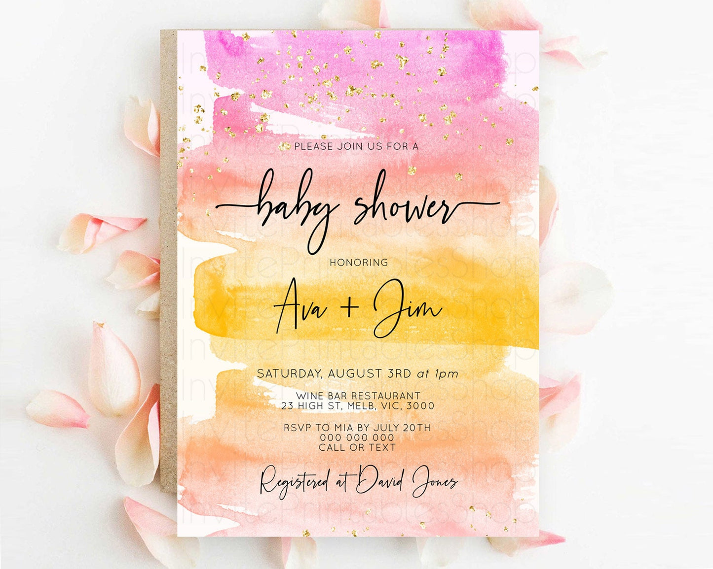 Pastel Baby Shower Invitation Rainbow Baby Shower Invitation Colorful Pastel Watercolor Invitation Gold Glitter Sprinkles Ombre D10520