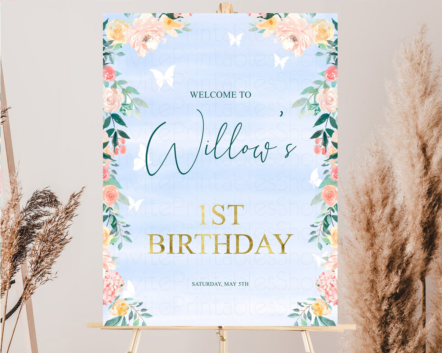 Floral Welcome Sign Pastel Floral Welcome Sign Enchanted Garden Sign Secret Garden Sign Butterfly Colorful Wildflower Watercolor Gold 411