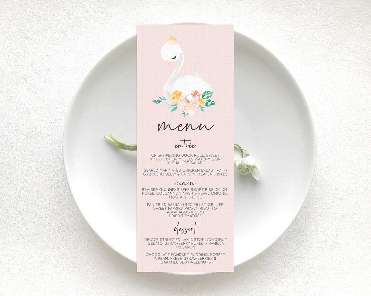 Swan Menu Swan Princess Ballet Menu Template Enchanted Swan Lake Table Decor Secret Garden Pastel Floral Dinner Dessert Food Menu D10388