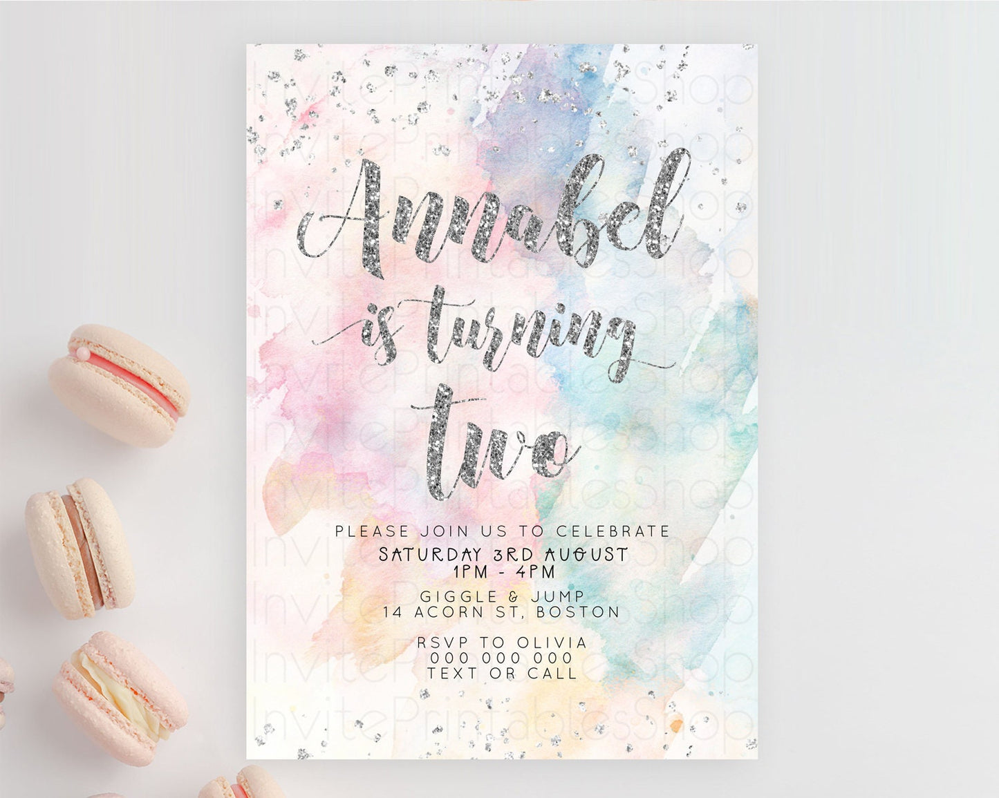 Rainbow Birthday Invitation Colorful Pastel Watercolor Silver Glitter Sprinkles Ombre Pastel Invitation 1st 2nd 3rd First Birthday D10944