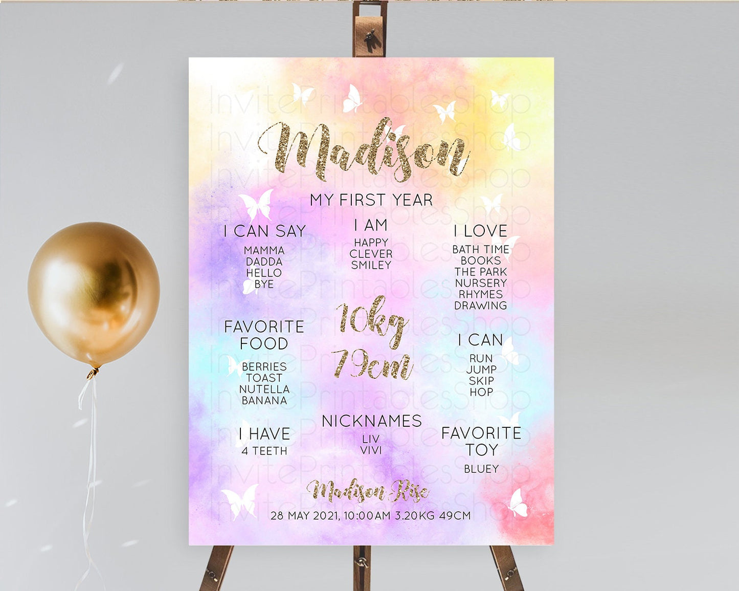 Pastel First Birthday Milestone Board Pastel Rainbow Milestone Poster Colorful Confetti Watercolor Glitter 1st Birthday Welcome Sign D10435