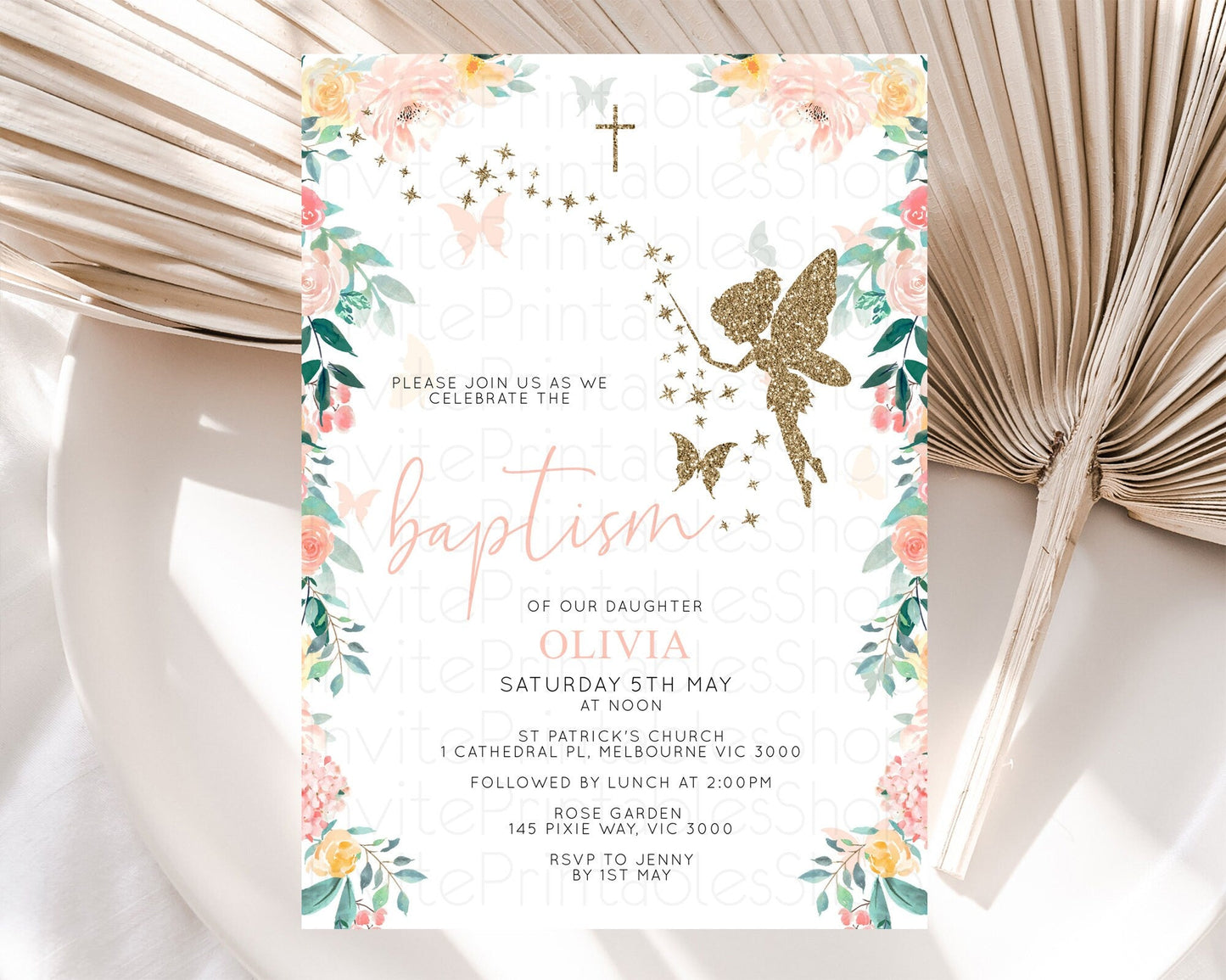 Fairy Baptism Invitation Fairy Baptism 1st Birthday Invitation Enchanted Secret Garden Christening Invite Pastel Floral Butterfly D10789