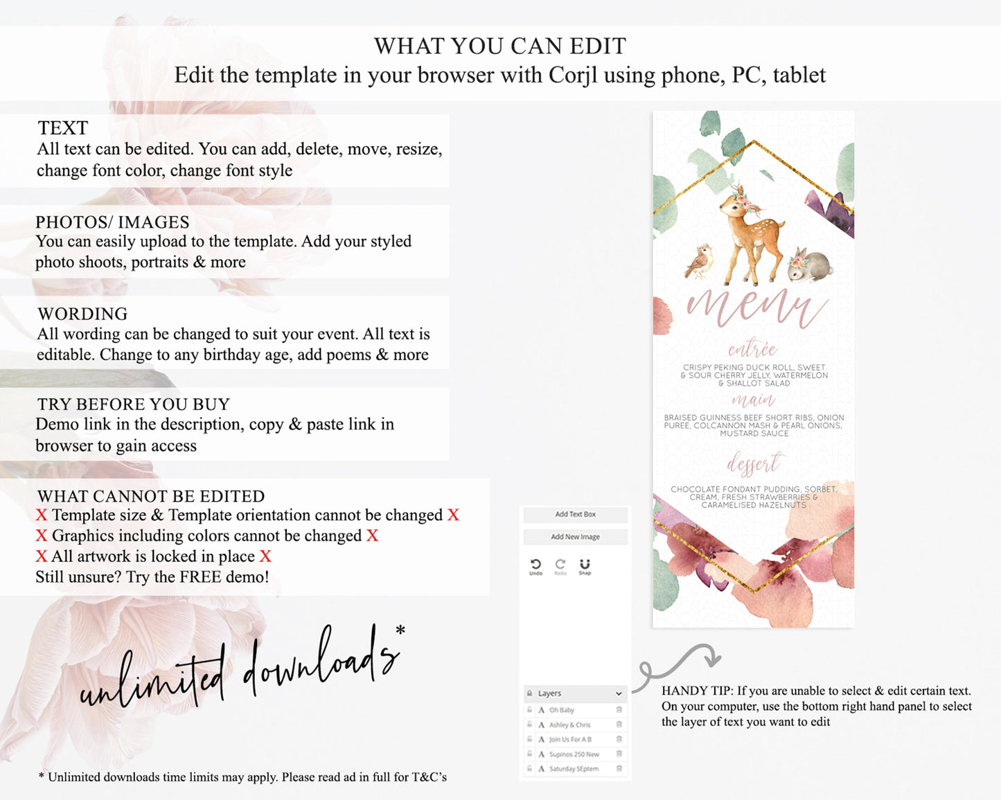 Fawn Menu Deer Menu Template Pastel Floral Deer Table Decor Enchanted Forest Butterfly Floral Dinner Dessert Menu Party Food Menu D10913