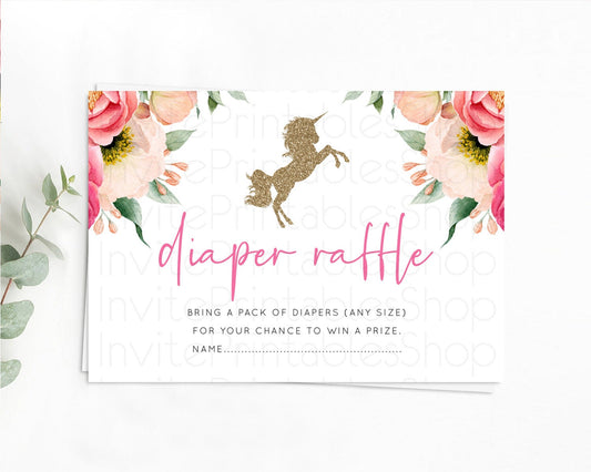 Unicorn Garden Diaper Raffle Card Floral Unicorn Diaper Raffle Insert Pastel Floral Magical Unicorn Colorful Guests Diaper Ticket D10966