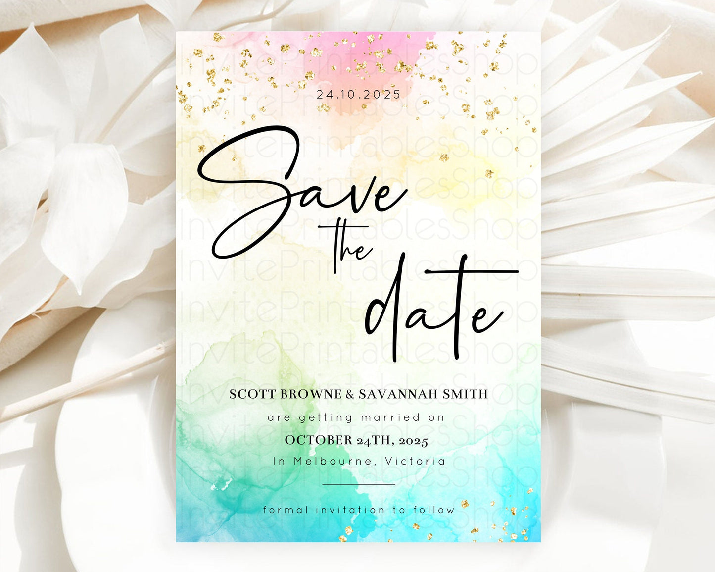 Pastel Save The Date Template Pastel Ombre Rainbow Watercolor Colorful Party For Birthday Baptism Baby Shower Wedding Bridal Shower D10151