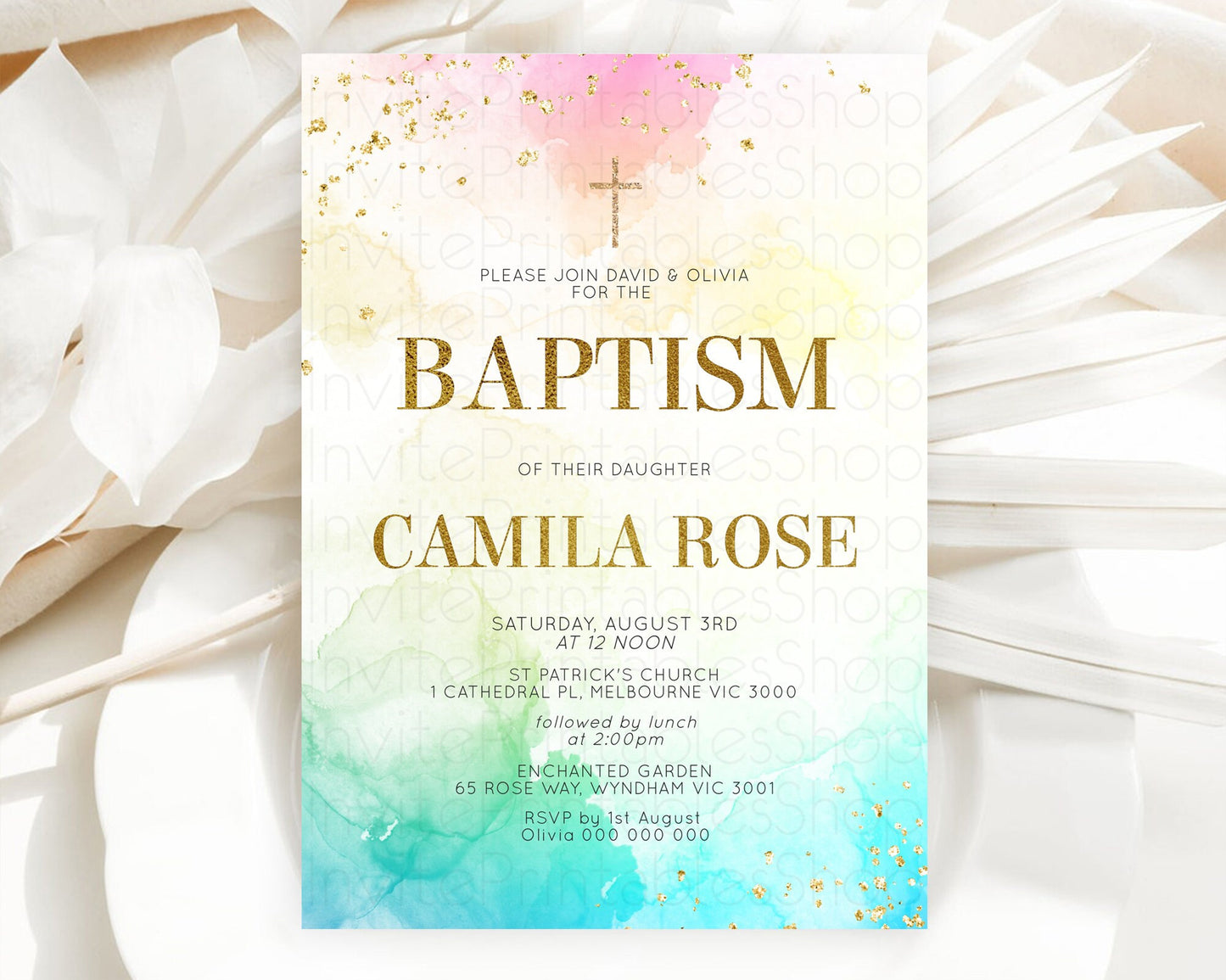 Pastel Baptism Invitation Pastel Colors Watercolor Baptism 1st Birthday Party Gold Ombre Pastel Rainbow Christening Holy Communion D10770