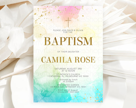 Pastel Baptism Invitation Pastel Colors Watercolor Baptism 1st Birthday Party Gold Ombre Pastel Rainbow Christening Holy Communion D10770