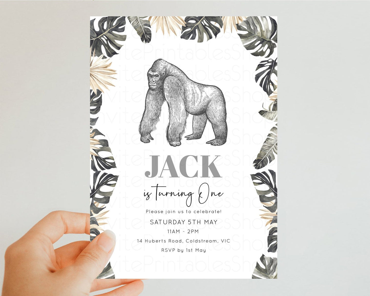 Gorilla Birthday Invitation Gorilla Invitation Tropical Palms Invitation Jungle Safari Adventure Zoo Party Wild Party Animal 1st 2nd 3rd 268