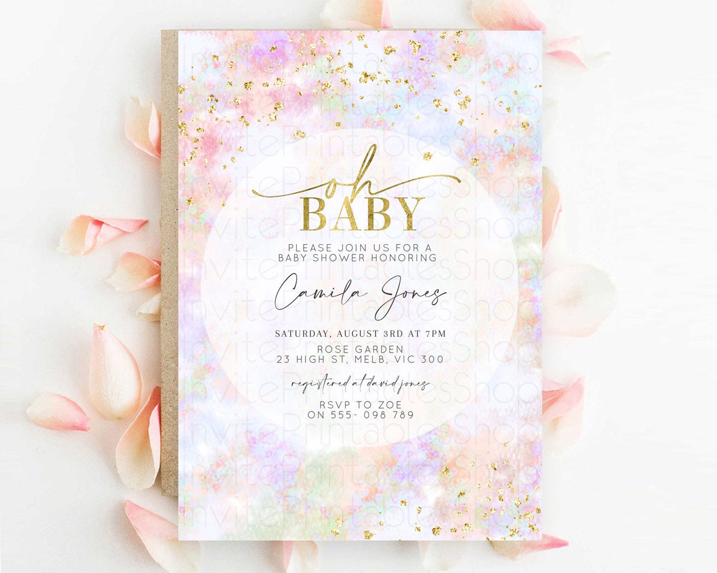 Pastel Baby Shower Invitation Rainbow Baby Shower Invitation Colorful Pastel Watercolor Invitation Gold Glitter Sprinkles Ombre D10649