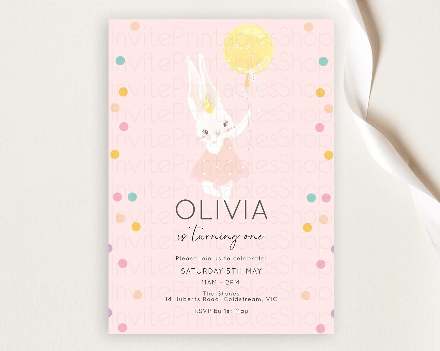 Bunny Birthday Invitation Pastel Bunny Invitation Bunny Balloon Invites Pastel Confetti Balloon Bunny Invites 2nd 1st First Birthday D10219