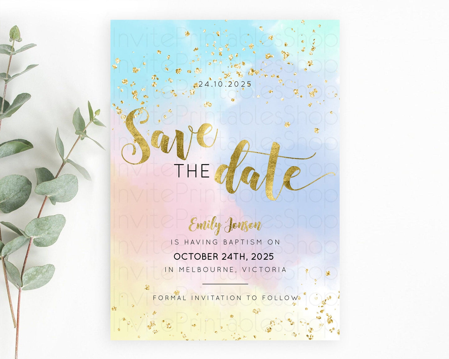 Pastel Save The Date Template Pastel Ombre Rainbow Watercolor Colorful Party For Birthday Baptism Baby Shower Wedding Bridal Shower D10892