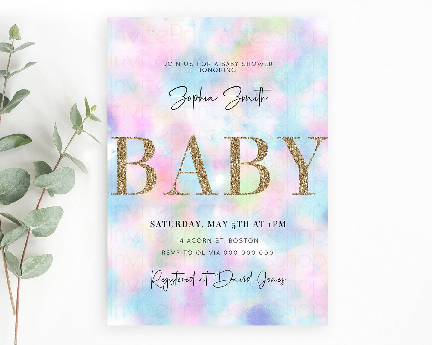 Pastel Baby Shower Invitation Rainbow Baby Shower Invitation Colorful Pastel Watercolor Invitation Gold Glitter Sprinkles Ombre D10694