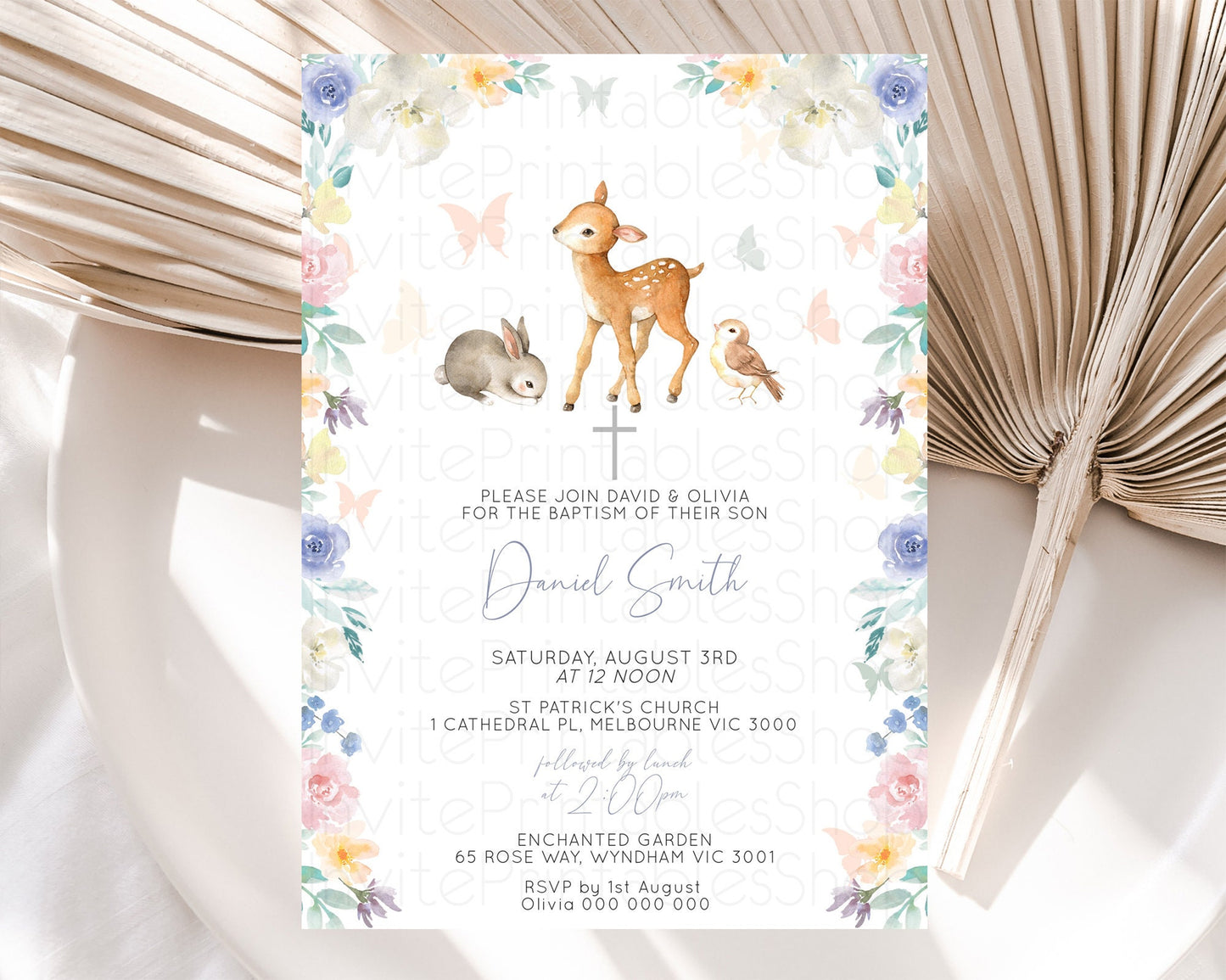 Fawn Baptism Invitation Deer Baptism 1st Birthday Invitation Enchanted Forest Christening Invitation Pastel Garden Butterfly Floral D10930