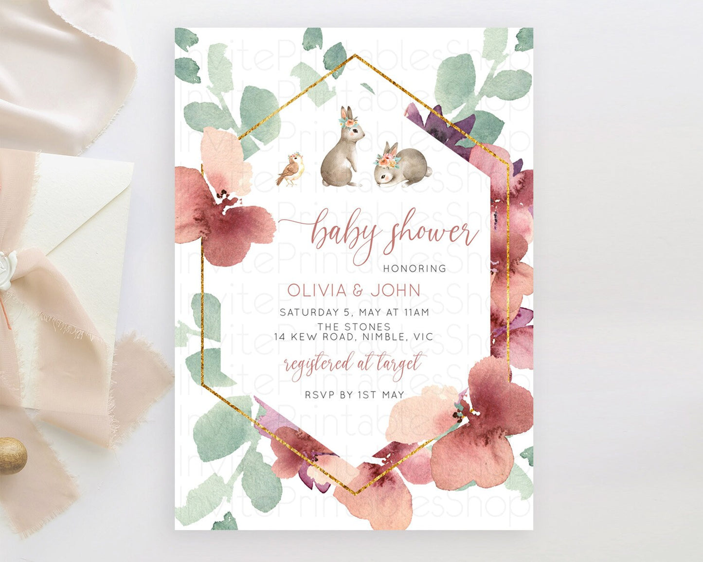 Bunny Baby Shower Invitation: Burgundy Flowers, Pastel Flowers, Secret Garden, Gold Accents, Leafy, Pastel Burgundy, Woodland Theme D11033